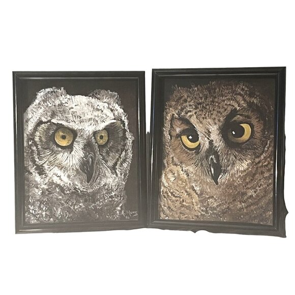 Hand Painted Owls Oil On Canvas Wall Decor Vintage Signed A Muncy '86 Wall Decor